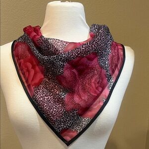 Vintage Bernie of New York Elegant Red and Black Floral 100% Silk Scarf